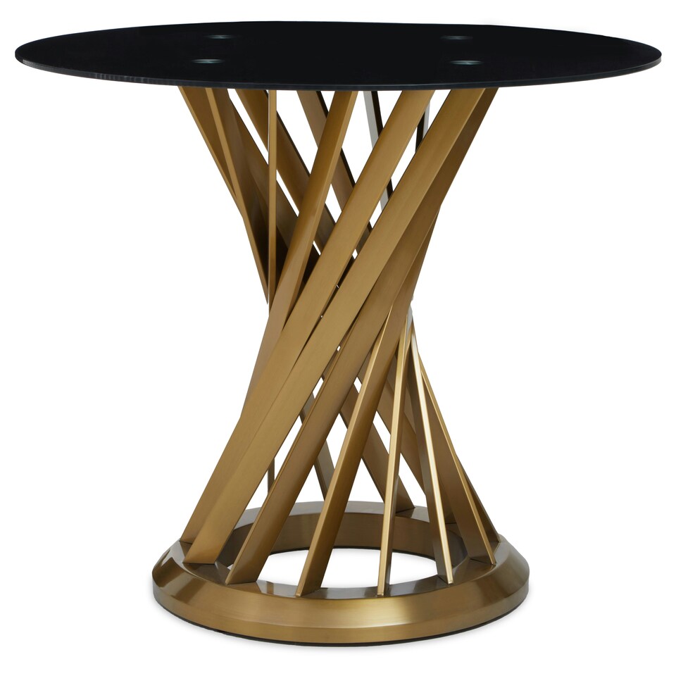 image 1 of Interiors by Premier Black Glass and Gold Hourglass Base Dining Table, Modern Black and Gold Round Dining Table for Modern Homes Gold