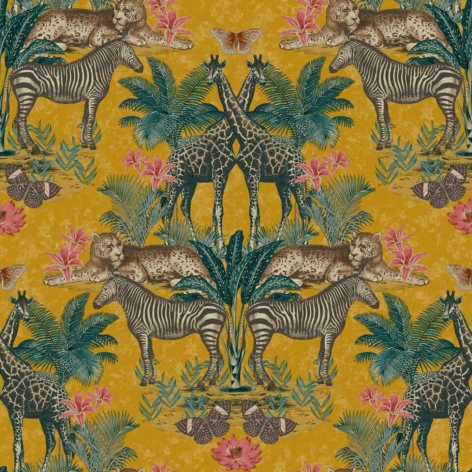 image 1 of GrandDeco Animal Kingdom Wallpaper - Ochre - 10m x 53cm Yellow