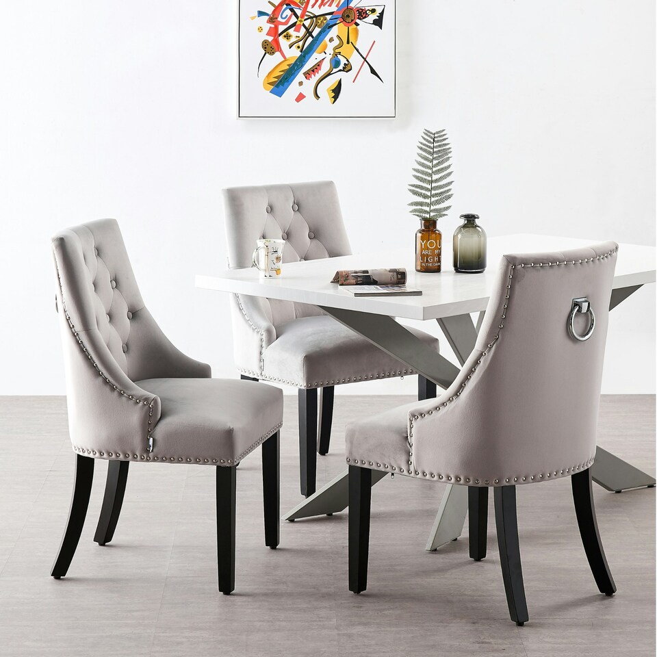 image 1 of Set of 2 Velvet Dining Chairs Ergonomic Scoop Knockerback & Button Tufted Wood Legs Grey | Light Grey