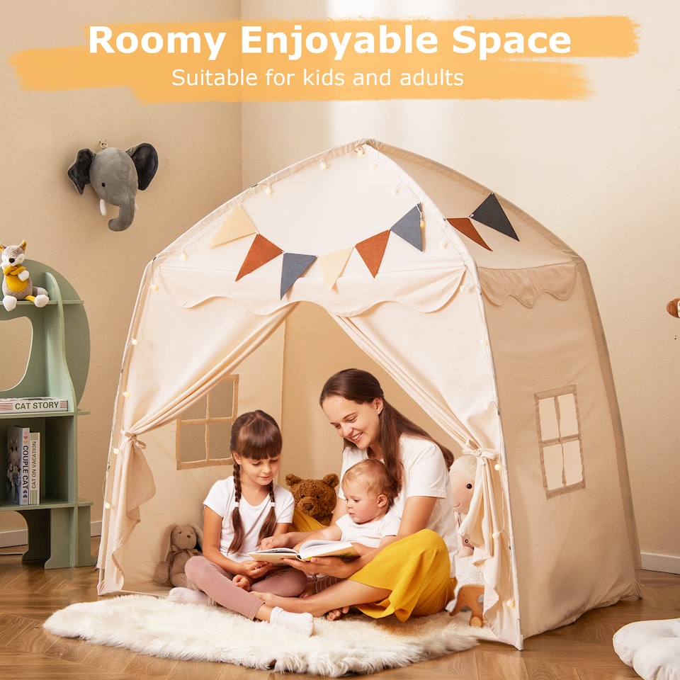 image 1 of COSTWAY Kids Play Tent Indoor & Outdoor Extra Large Playhouse Tent-Beige