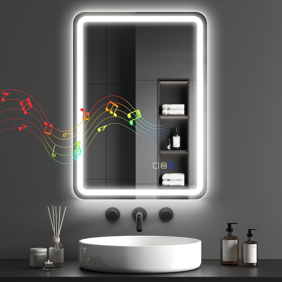 image 1 of HOMCOM 500 x 700 mm Bluetooth Bathroom Mirror with LED Lights, Illuminated Backlit Wall Mounted Vanity Mirror with 3 Colours Dimmable, Anti-Fog, Memory & Touch Switch, IP44