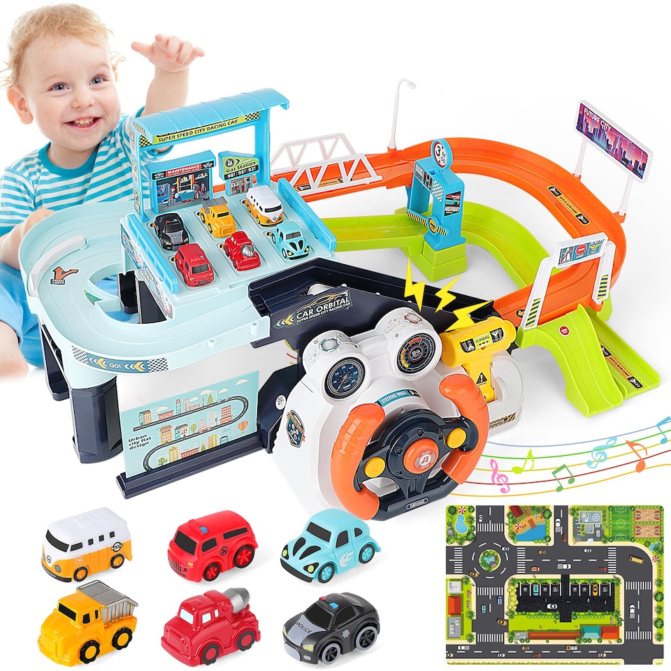 image 1 of Car Garage Tracks Simulation Steering Wheel Toy Set Vehicle Playset with Musical Puzzle Car Tracks