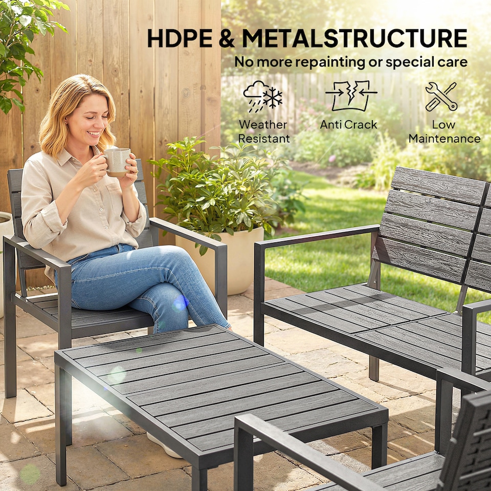 image 1 of Outsunny 4 Piece Garden Furniture Set, HDPE Metal Outdoor Sofa, Dark Grey | Grey | Dark Grey | Four Seater