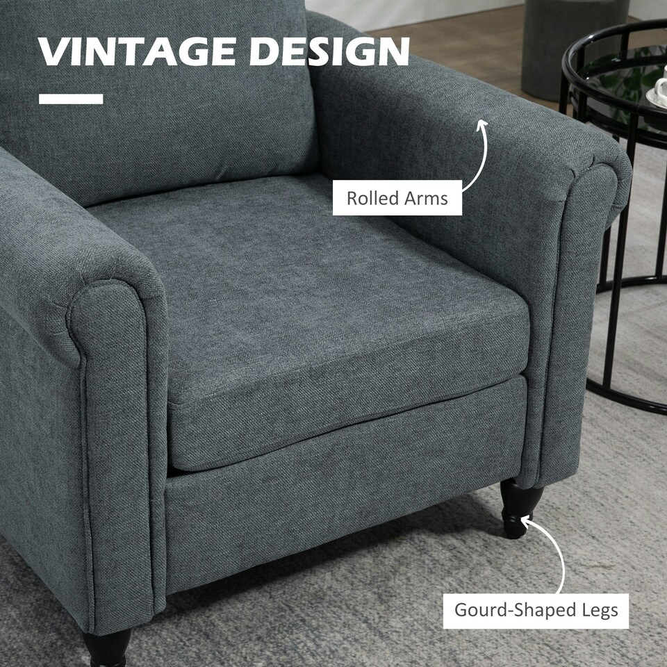 image 1 of HOMCOM Vintage Armchair Fabric Accent Chair with Wood Legs Grey