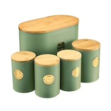 Cooks Professional 5 Piece Ribbed Tea Coffee Sugar Bread & Biscuit Cannisters with Labels | Green | Green & Gold