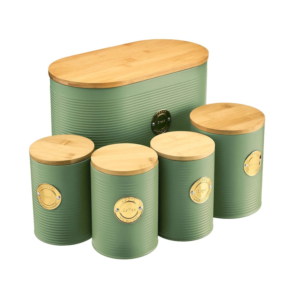 image 1 of Cooks Professional 5 Piece Ribbed Tea Coffee Sugar Bread & Biscuit Cannisters with Labels | Green | Green & Gold