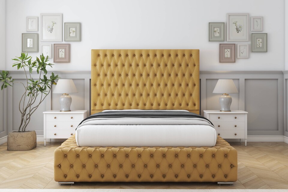 image 1 of Sloomy Ambassador Mustard Plush Bed Frame With Mattress With 50"  Upholstered Headboard 2'6 Small Single