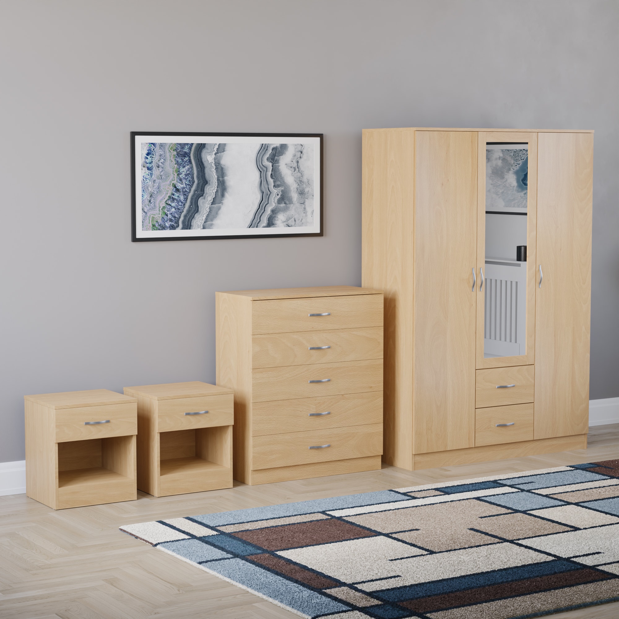 Vida Designs Riano 4 Piece Bedroom Set (2x 1 Drawer Bedside Chest, 5 Drawer Chest, 3 Door 2 Drawer Mirrored Wardrobe) - Pine