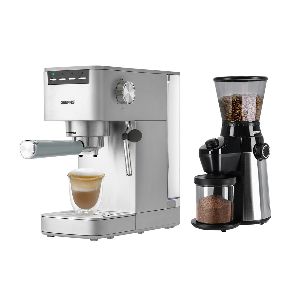 image 1 of GEEPAS 1450W Espresso & Cappuccino Coffee Machine & Conical Burr Coffee Grinder Combo Set