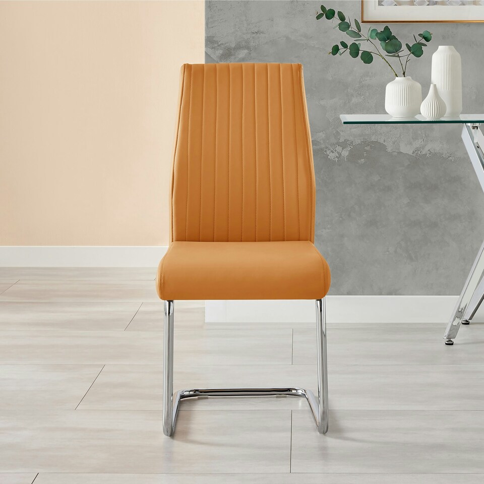 image 1 of Furniturebox 2x Lorenzo Mustard Yellow Faux Leather Chrome Dining Chairs