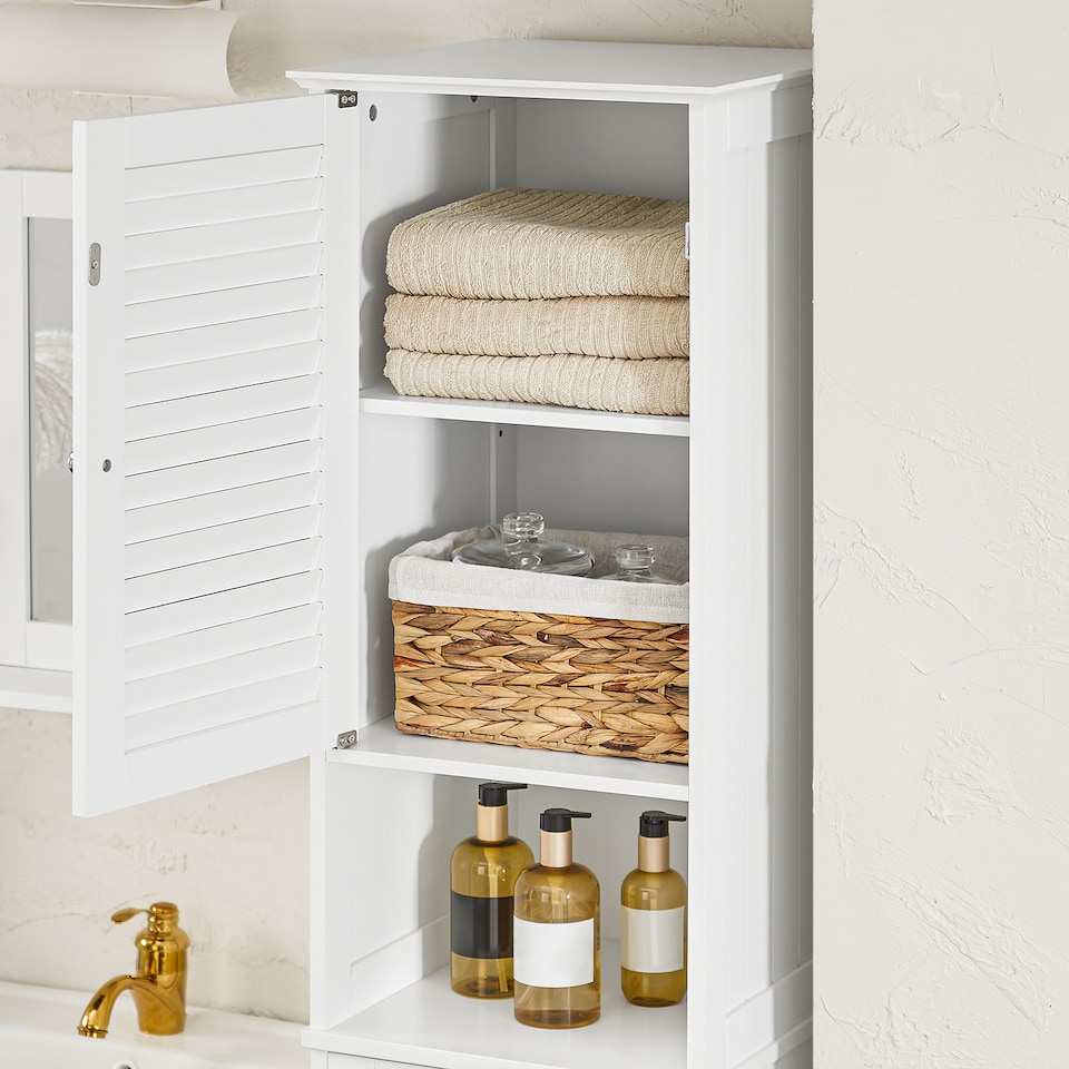 image 1 of SoBuy BZR124-W,Tall Bathroom Storage Cabinet with Laundry Basket | White | White | 1