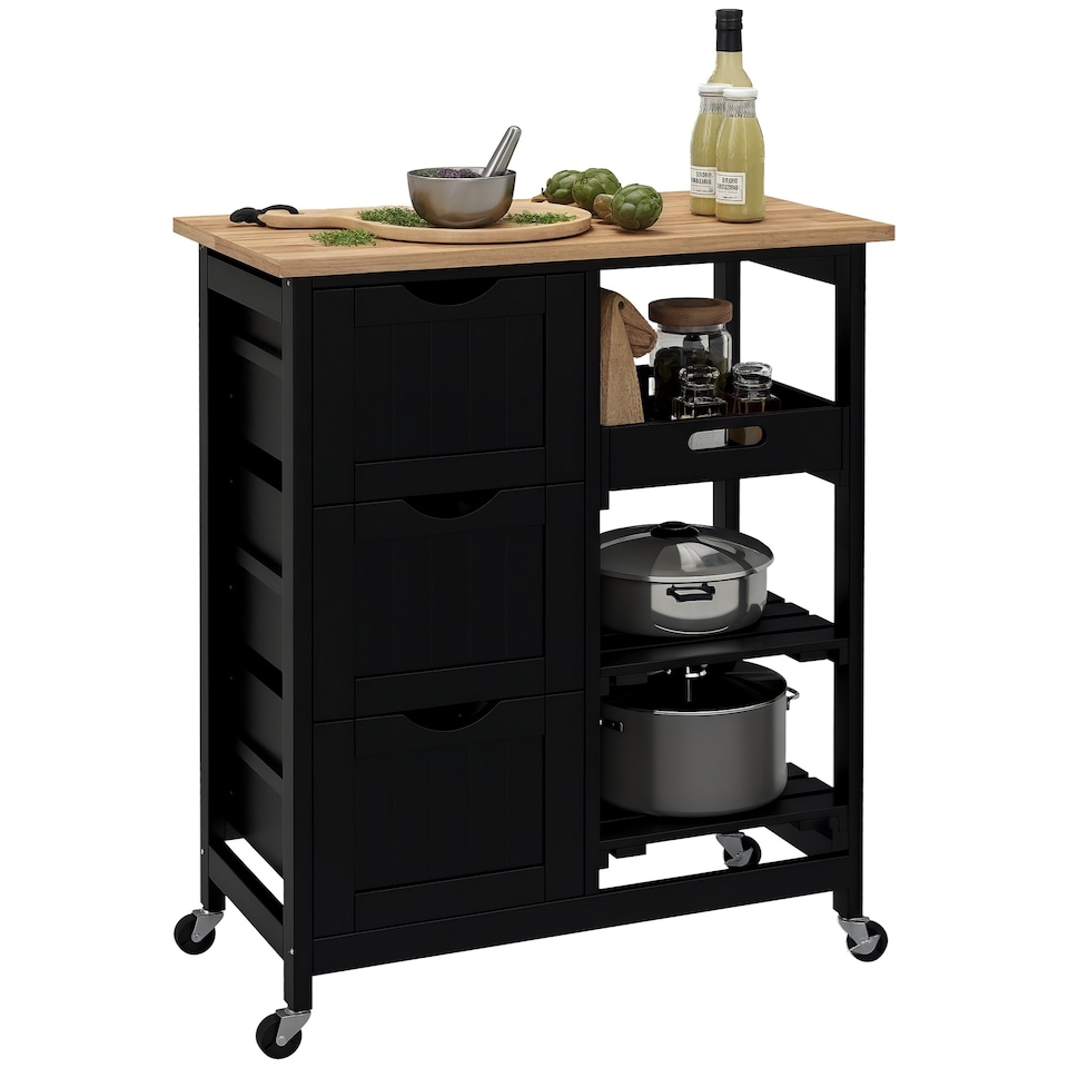 image 1 of HOMCOM Rolling Kitchen Island Cart, Bar Serving Cart, Compact Trolley on Wheels with Wood Top, Shelves & Drawers for Home Dining Area, Black