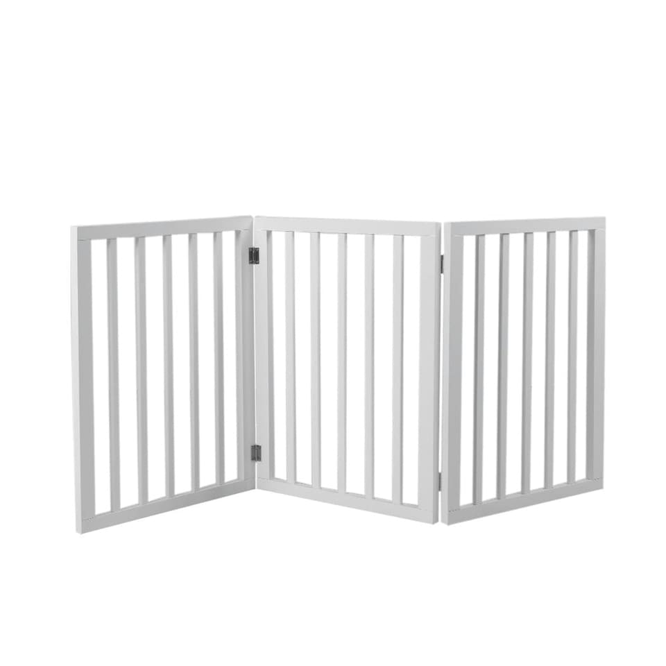 image 1 of Wooden Pet Gate Dog Fence Retractable Barrier Portable Door 3 Panel White