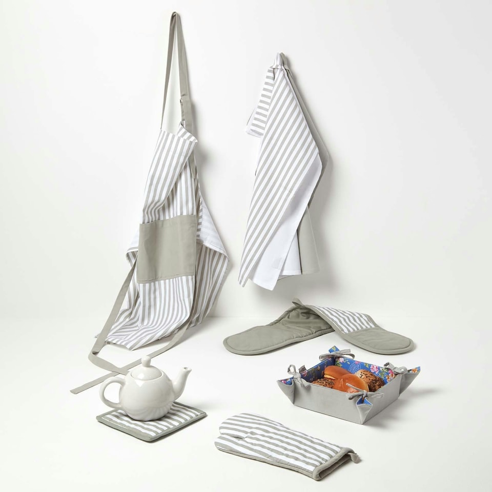 image 1 of Homescapes Striped Grey Cotton Tea Towels Set Of Three