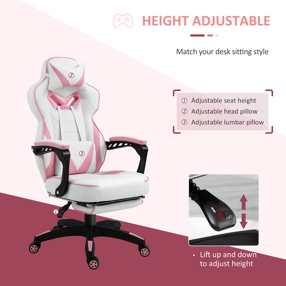 image 1 of Vinsetto Computer Gaming Chair, Racing Desk Chair with Lumbar Support and Footrest, PU Leather Gamer Chair with Headrest and Swivel Wheels for Home, Pink