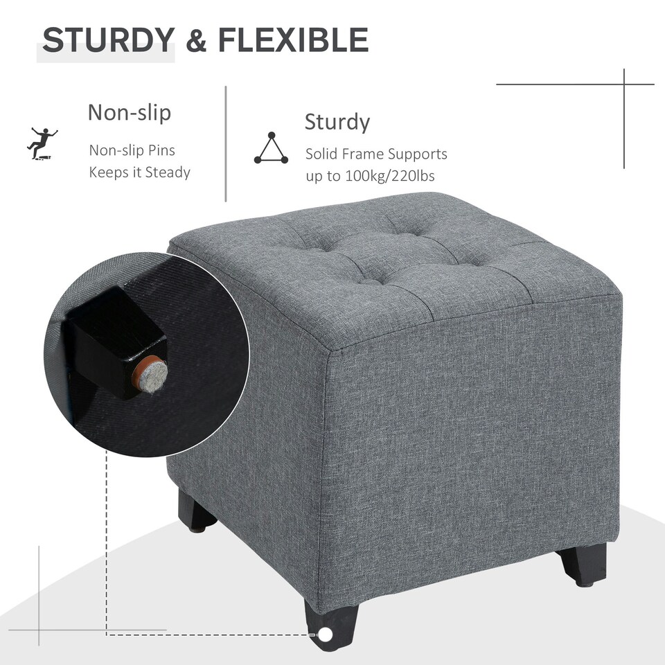 image 1 of HOMCOM Linen-Look Square Ottoman Footstool Button Tufts Wood Frame Padding Grey