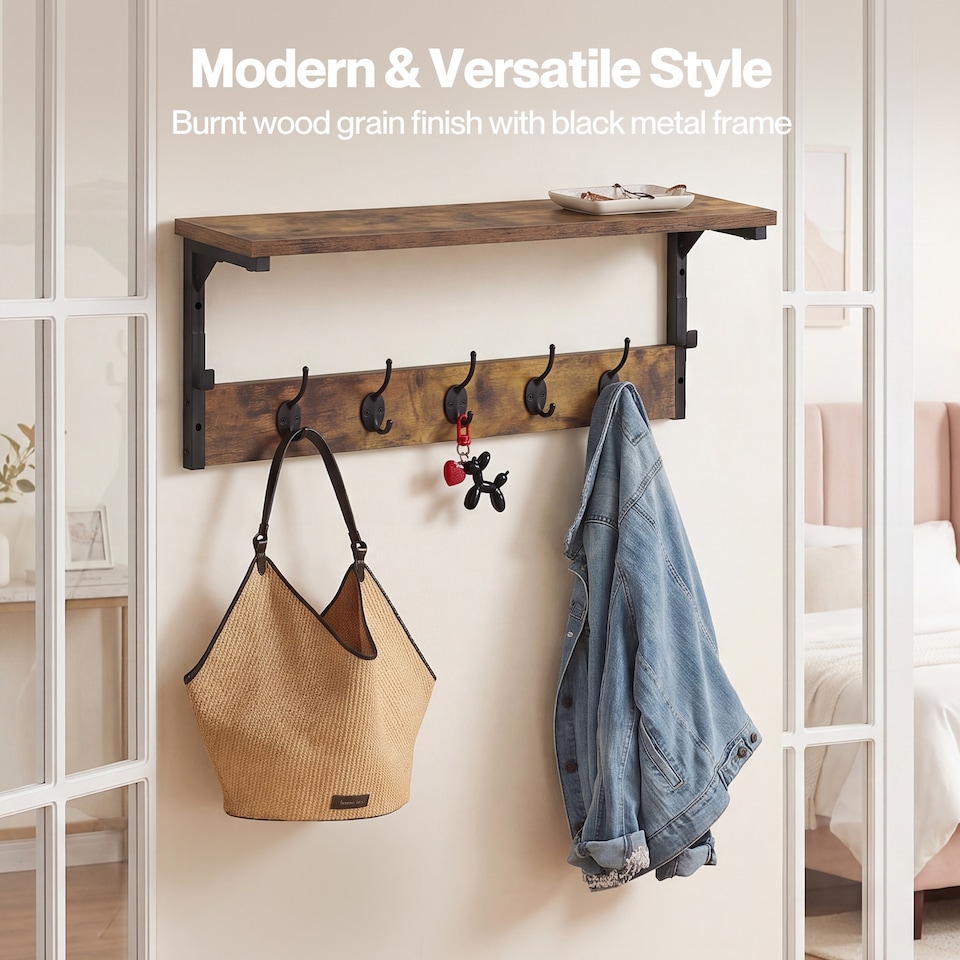 image 1 of Levede Coat Rack Wall Mounted Shelf 7 Hooks Heavy Duty Entryway Storage Brown