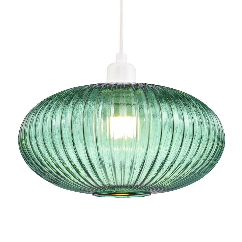 image 1 of Modern Designer Emerald Forest Green Line Ribbed Glass Oval Pendant Lamp Shade | Green
