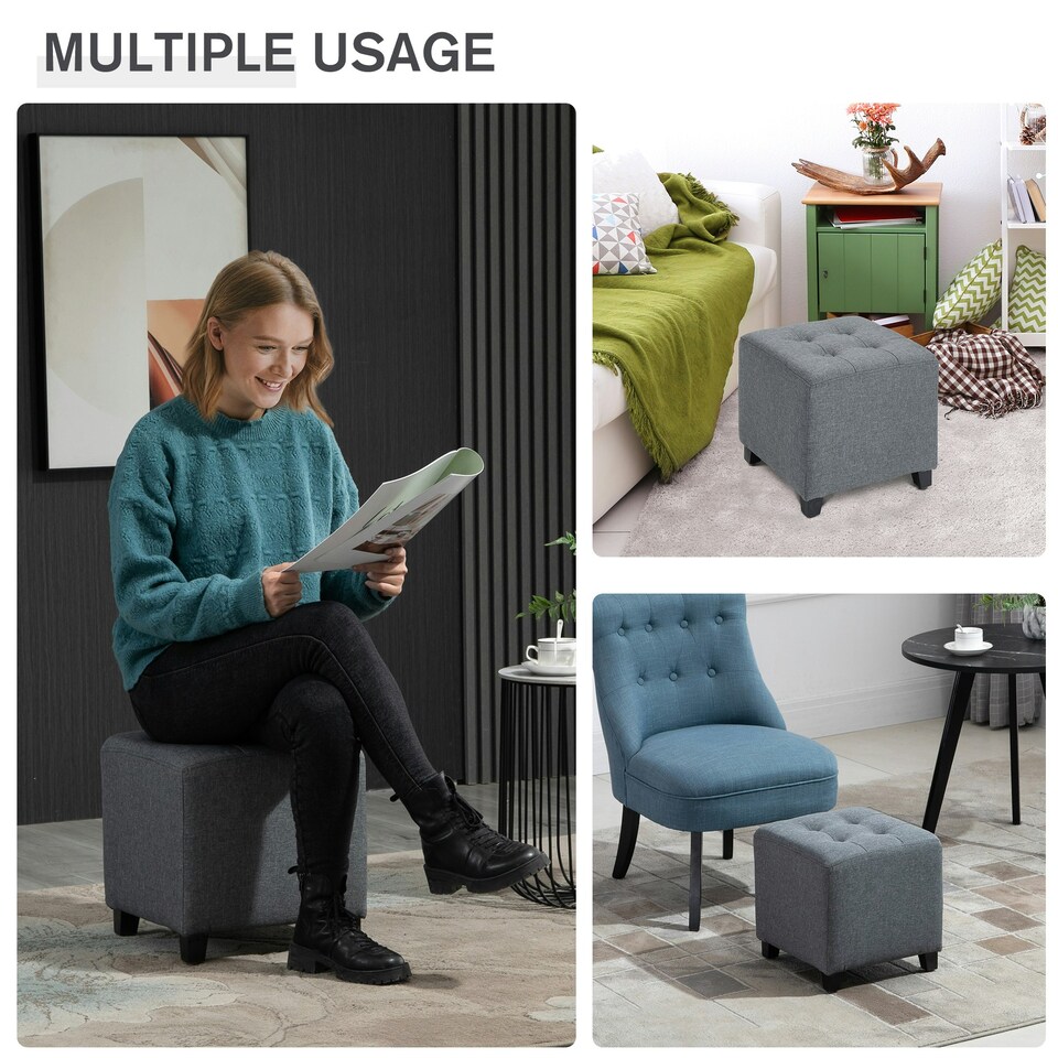 image 1 of HOMCOM Linen-Look Square Ottoman Footstool Button Tufts Wood Frame Padding Grey