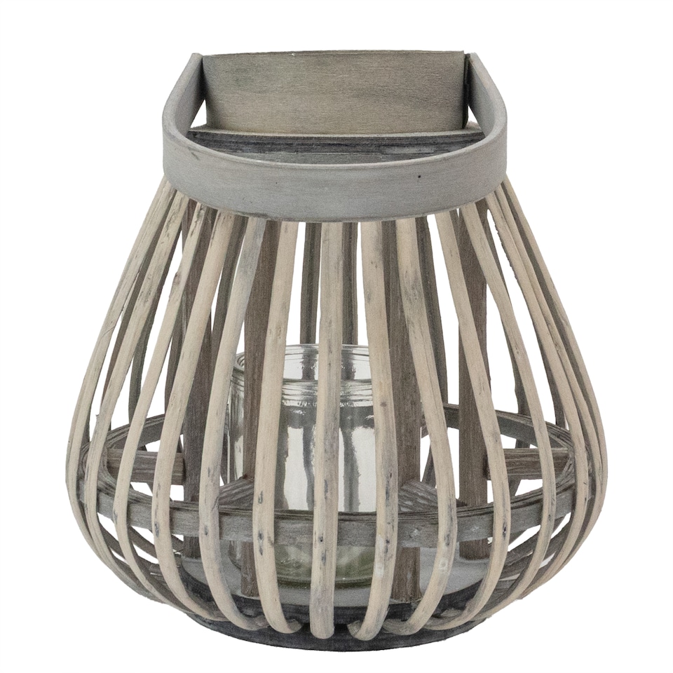 image 1 of JVL Luna Natural Bulb Shaped Willow Wood Lantern With Wooden Handle, Grey Wash