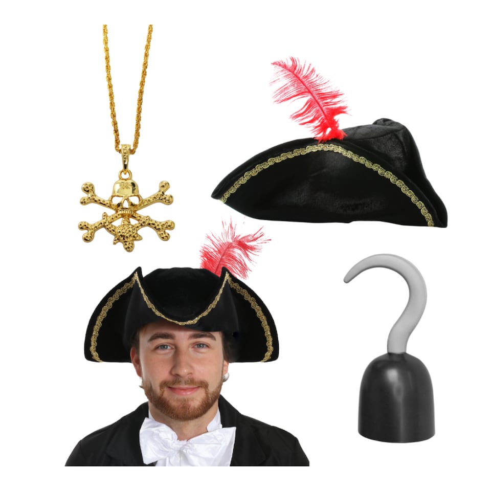 image 1 of Pirate Accessory Set 3 Pcs - Hat, Hook & Necklace | Multi | One Size
