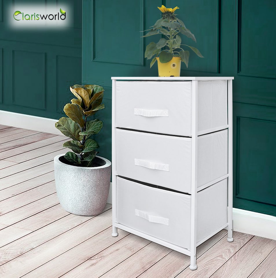 image 1 of Clarisworld 3 Drawer Storage Tower Dresser with Wood Top, Sturdy Steel Frame & Laminated Fabric Drawers, Storage Organiser Unit for Bedroom, Hallway, Entryway, Closet & Office