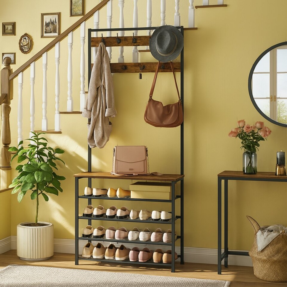 image 1 of Coat Rack Stand With 5 Tier Shoe Bench One Size