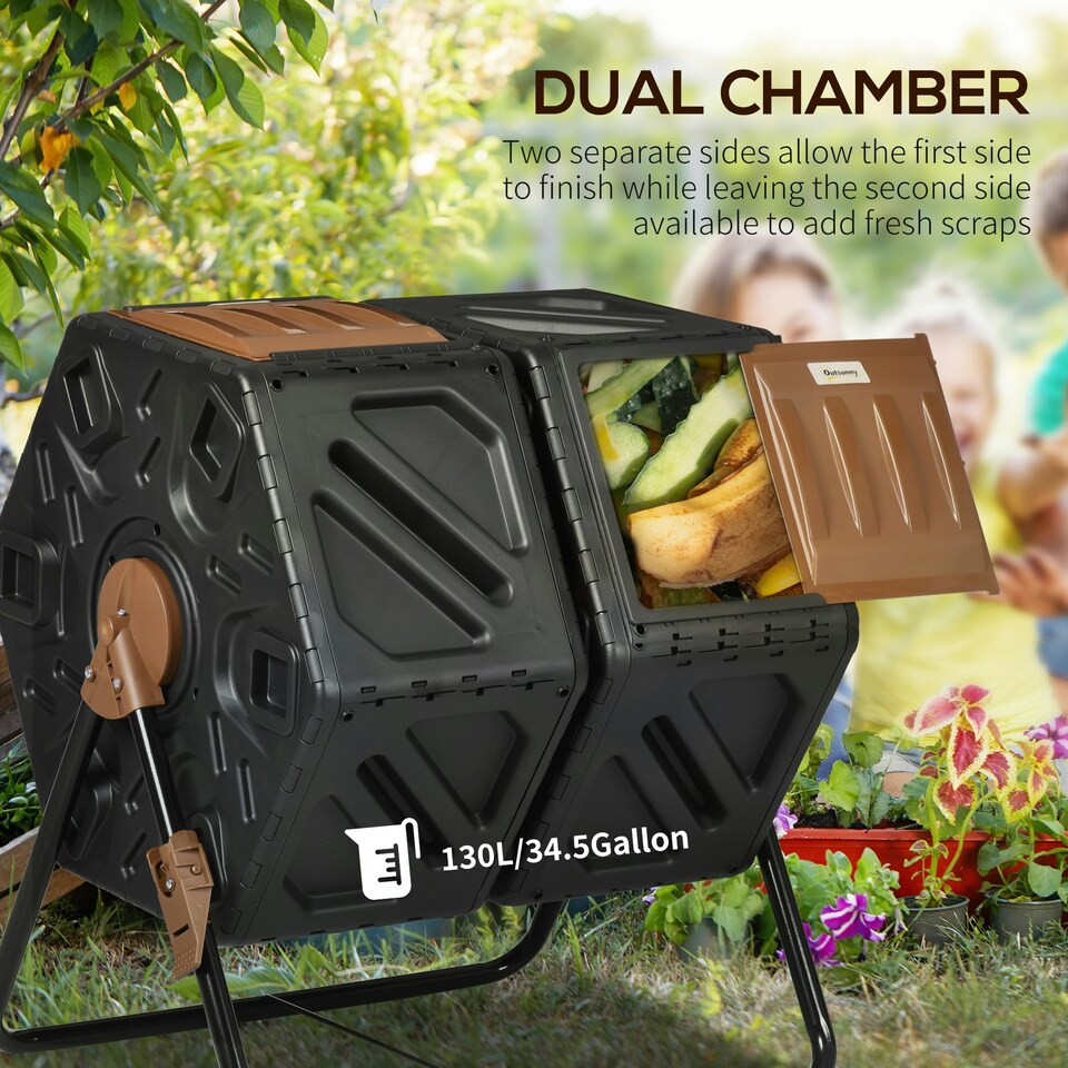 image 1 of Outsunny 130L Compost Bin Dual Chamber Rotating Composter w/ Ventilation Holes Brown | Dark Brown and Black | One Size