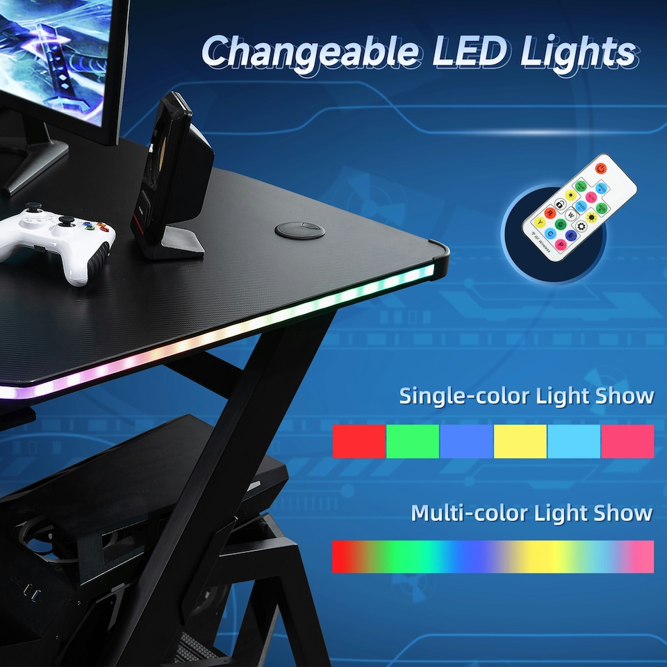 image 1 of HOMCOM Ergonomic Gaming Desk with Hook Cup Holder LED & Cable Management, Black