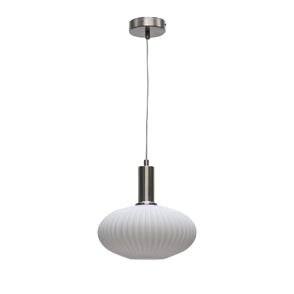 First Choice Lighting Baton - White Ribbed Oval Glass Satin Nickel Deco Pendant Fitting