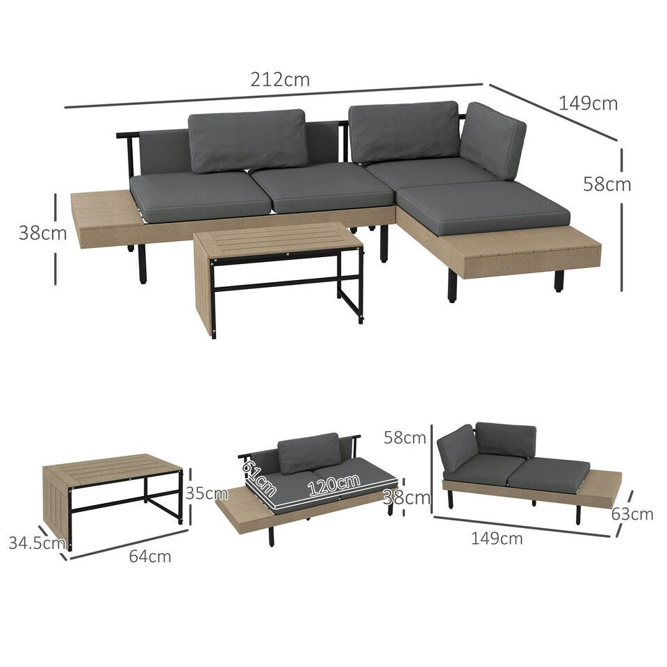 image 1 of Outsunny HDPE Garden Furniture Sets with Cushions,Table, L-Shaped Sofa
