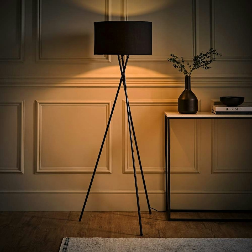 image 1 of ValueLights Camden Black Tripod Floor Lamp Black Shade & Bulb Black
