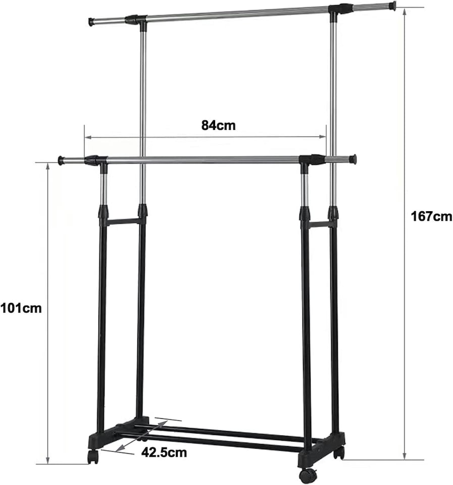 image 1 of Double-rail Adjustable Garment Rack Clothing Rail Stand on Castor Wheels with Hanging Rail and Storage Shelf | Multi | One Size