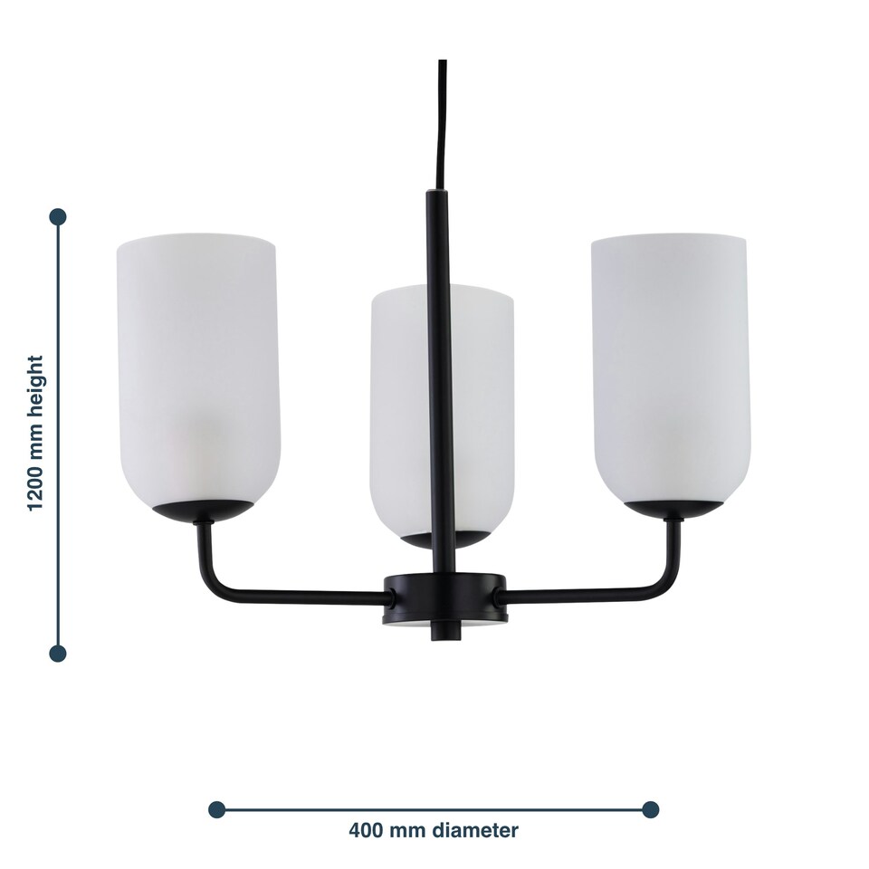 image 1 of Victoria - Black 3 Arm Ceiling Pendant with Frosted Glass Shade Black | White