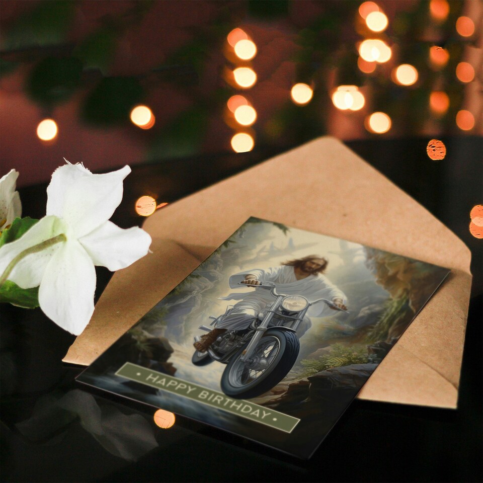 image 1 of Happy Birthday Christ on a Bike Funny Motorcycle Jesus Birthday Card