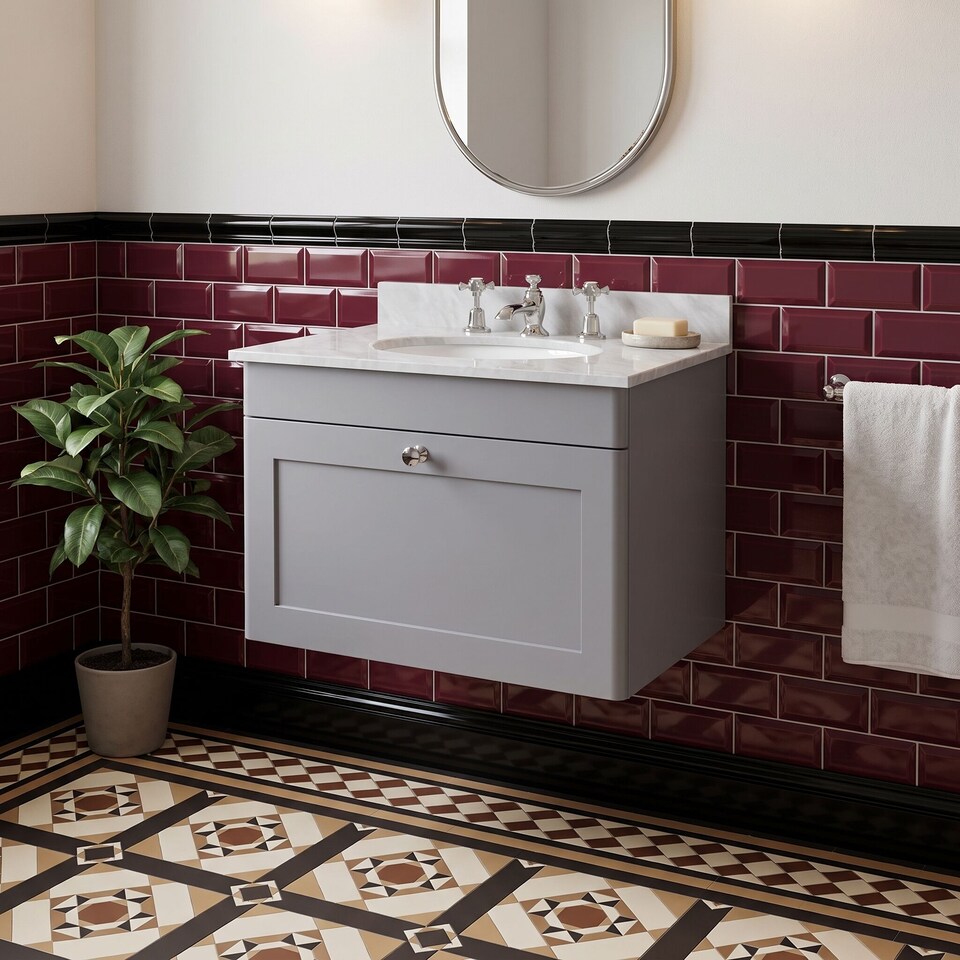 image 1 of Balterley Swynnerton Traditional 1 Drawer Wall Hung Vanity Unit with Marble Basin, Satin Grey, 600mm
