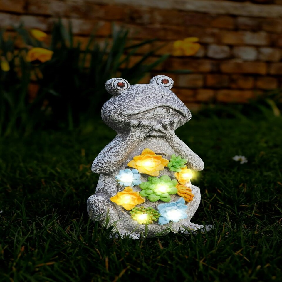 image 1 of Pack of 3 Solar Frog Garden Ornament Grey | One Size