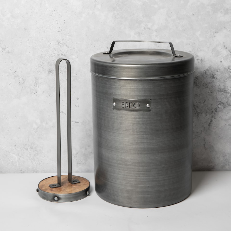 image 1 of 2pc Industrial Kitchenware Set including Metal Bread Bin, 23x34.5cm and Kitchen Towel Holder, 31cm | Grey