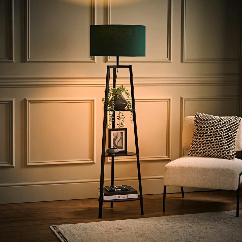 image 1 of ValueLights Hiru Black 3 Tier Shelf Floor Lamp with Green Shade Green