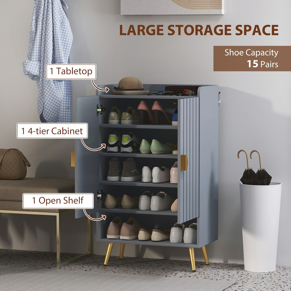 image 1 of HOMCOM Shoe Cabinet with Beadboard Doors for 15 Pairs of Shoes, Light Grey Blue