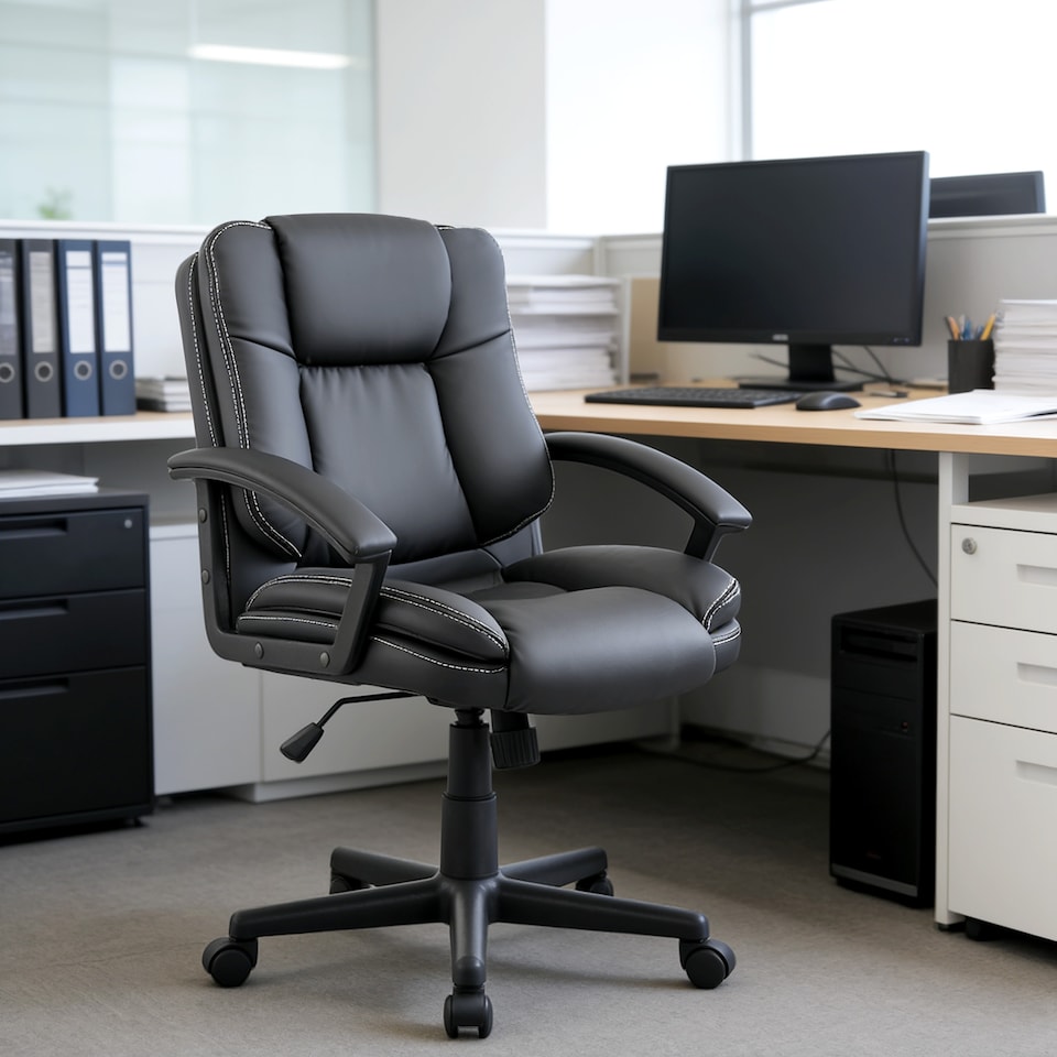 image 1 of HOMCOM Desk Chair, PU Leather Office Chair with Adjustable Height and Swivel Wheels, for Home Work Study, Black