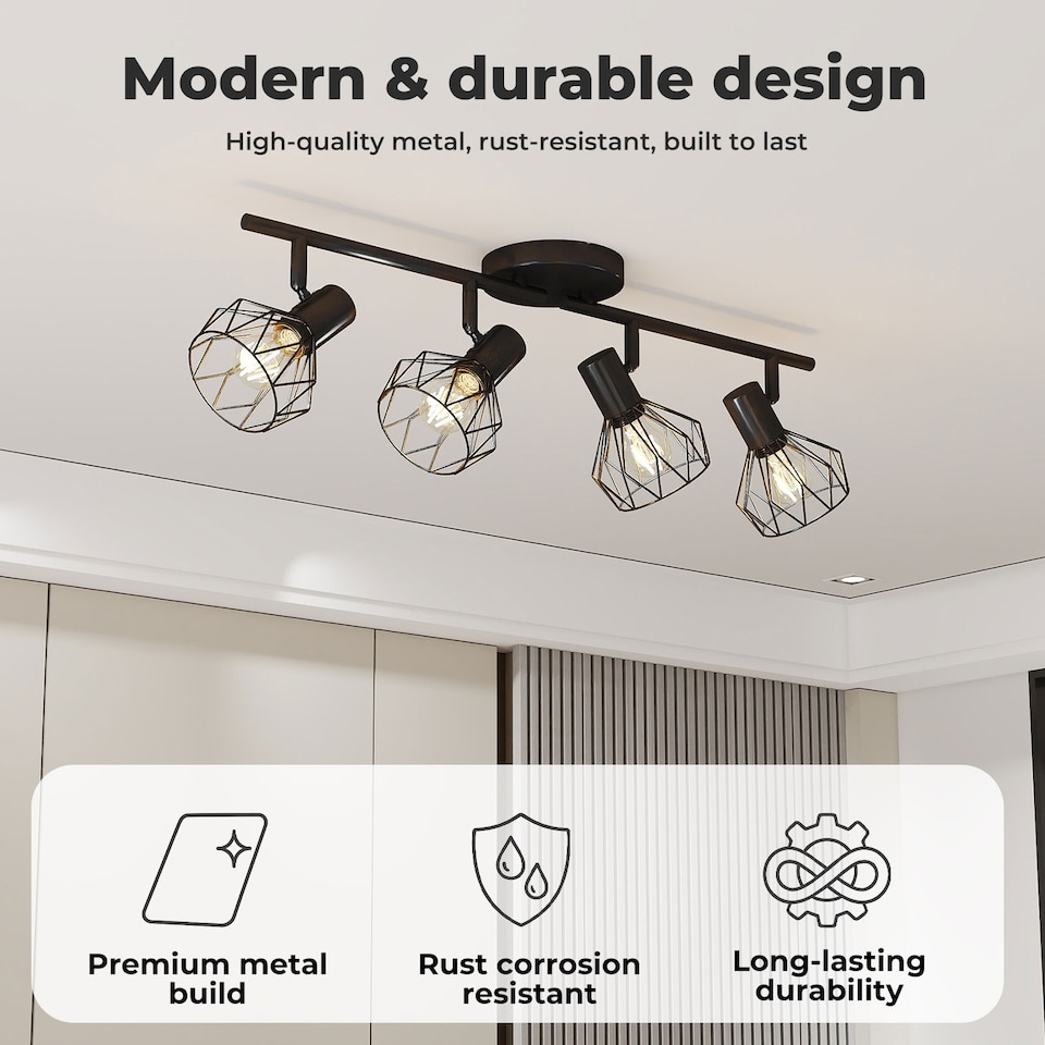 image 1 of EMITTO 4-Way Spotlight Ceiling Light Adjustable Vintage Black Metal E14 Fixture