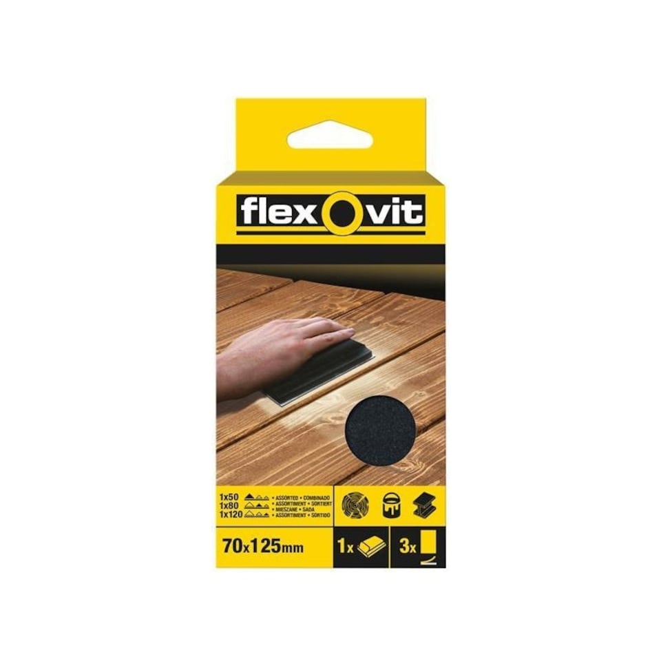 Flexovit Hook & Loop Sanding Block Kit Assorted 70 X 125mm (pack 3) - Multi Colour - One Size