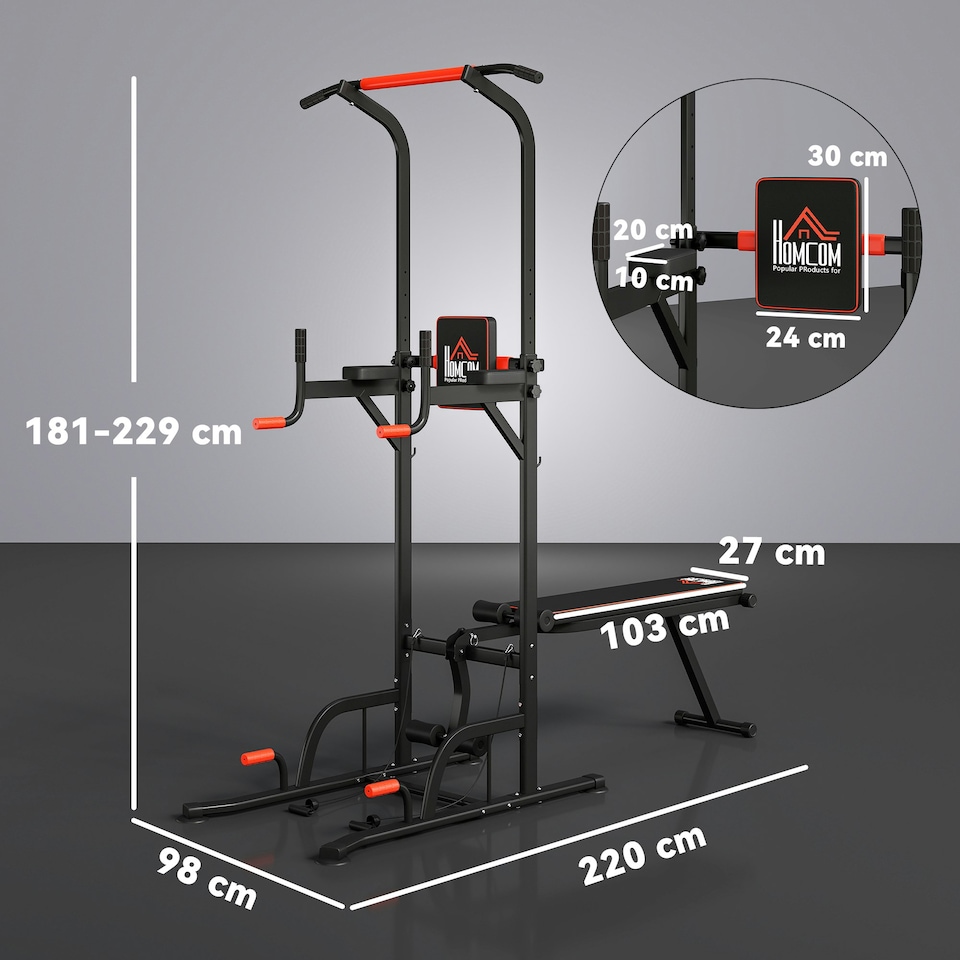 image 1 of HOMCOM Multifunction Home Workout Station Tower Steel Frame w/ Bench Bars Ropes