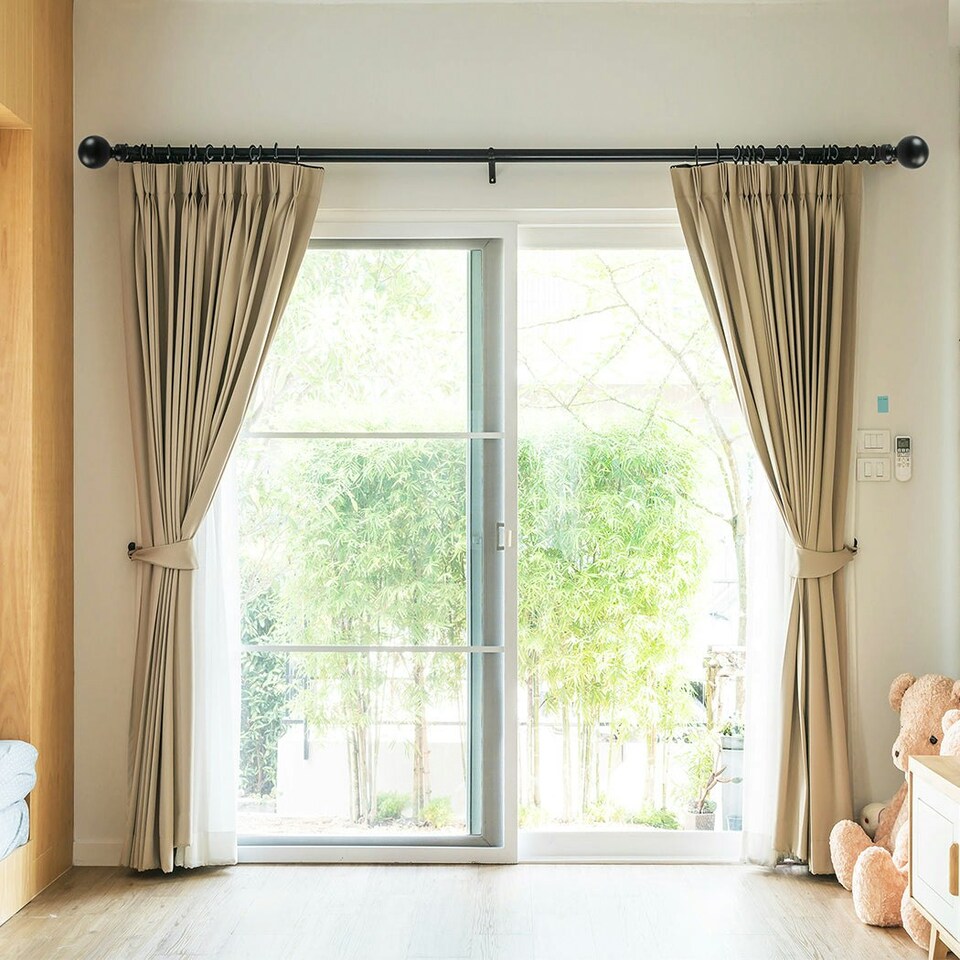 image 1 of Marlow Black Steel Curtain Rod Set Extendable Adjustable with Quiet Operation | Black