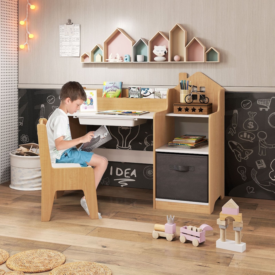 image 1 of COSTWAY Kids Study Desk and Chair Set Children Table Natural
