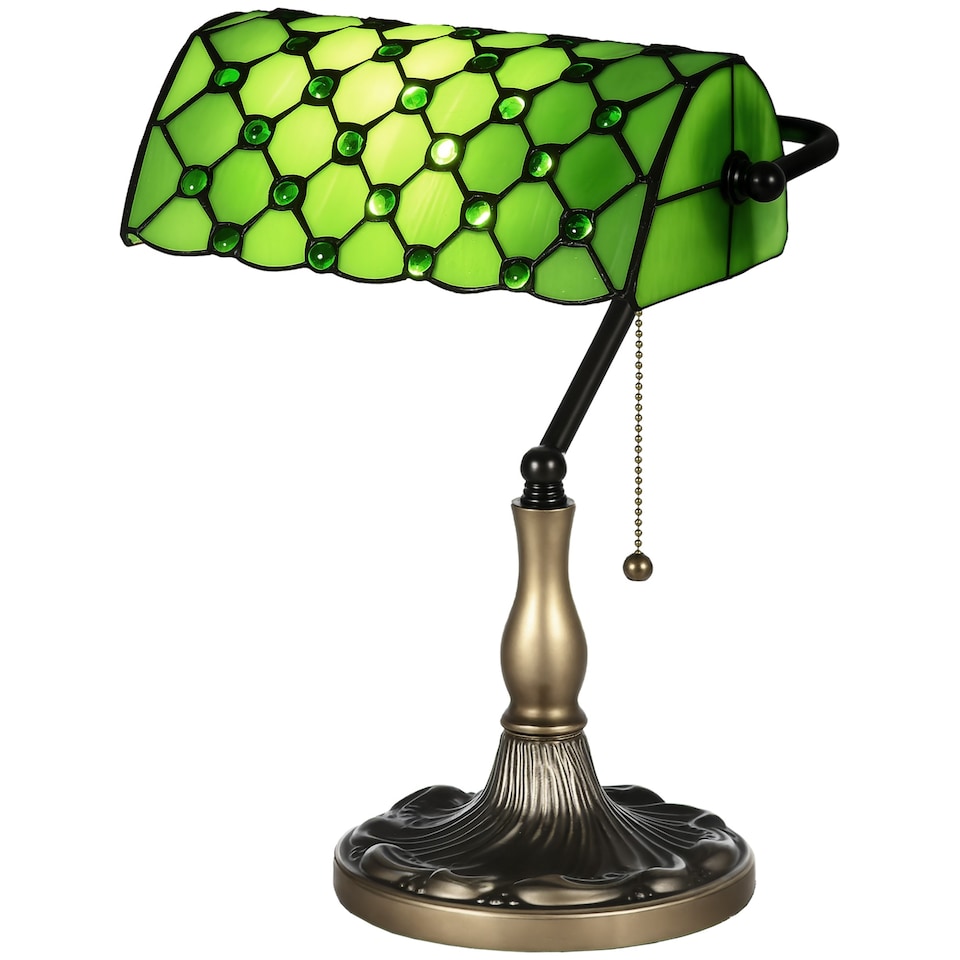 image 1 of HOMCOM Stained Glass Table Lamp, Vintage Lamp with Green Handmade Shade, Metal Base, Antique Bedside Lamp for Bedroom Living Room Home Decoration