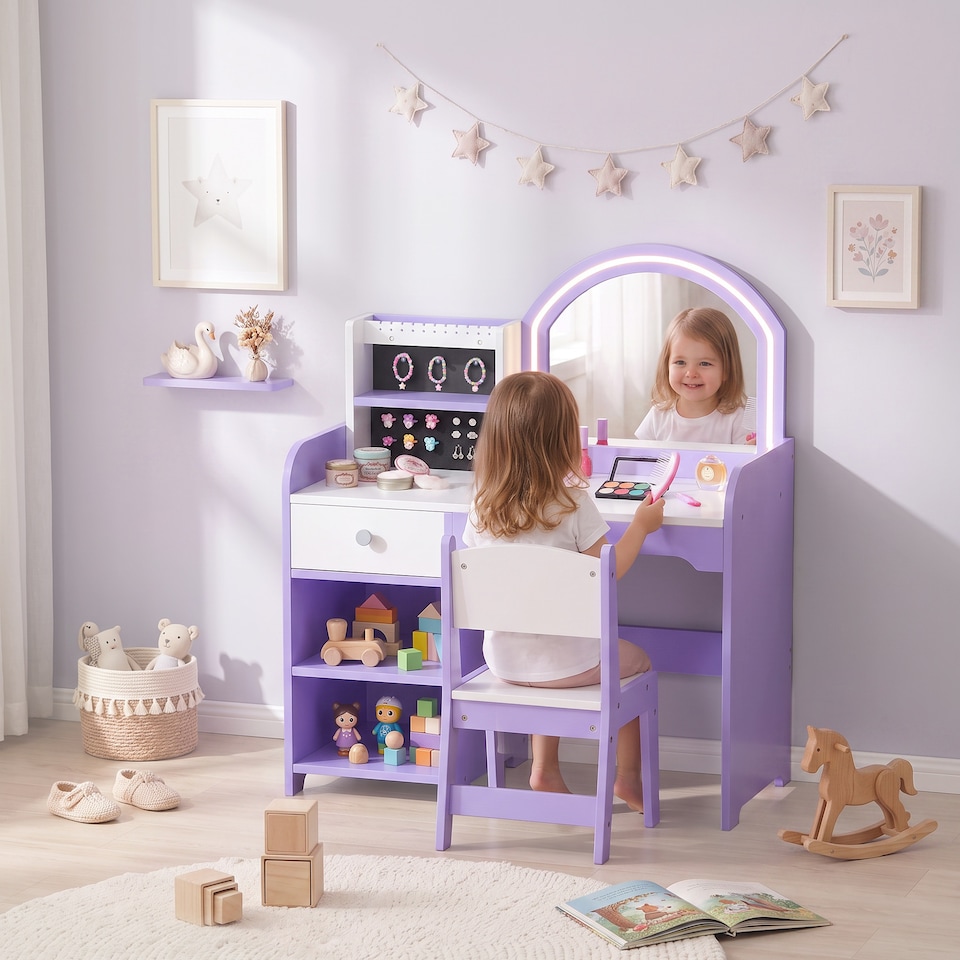 image 1 of AIYAPLAY Kids Vanity Set, Girls Dressing Table with Stool, Purple