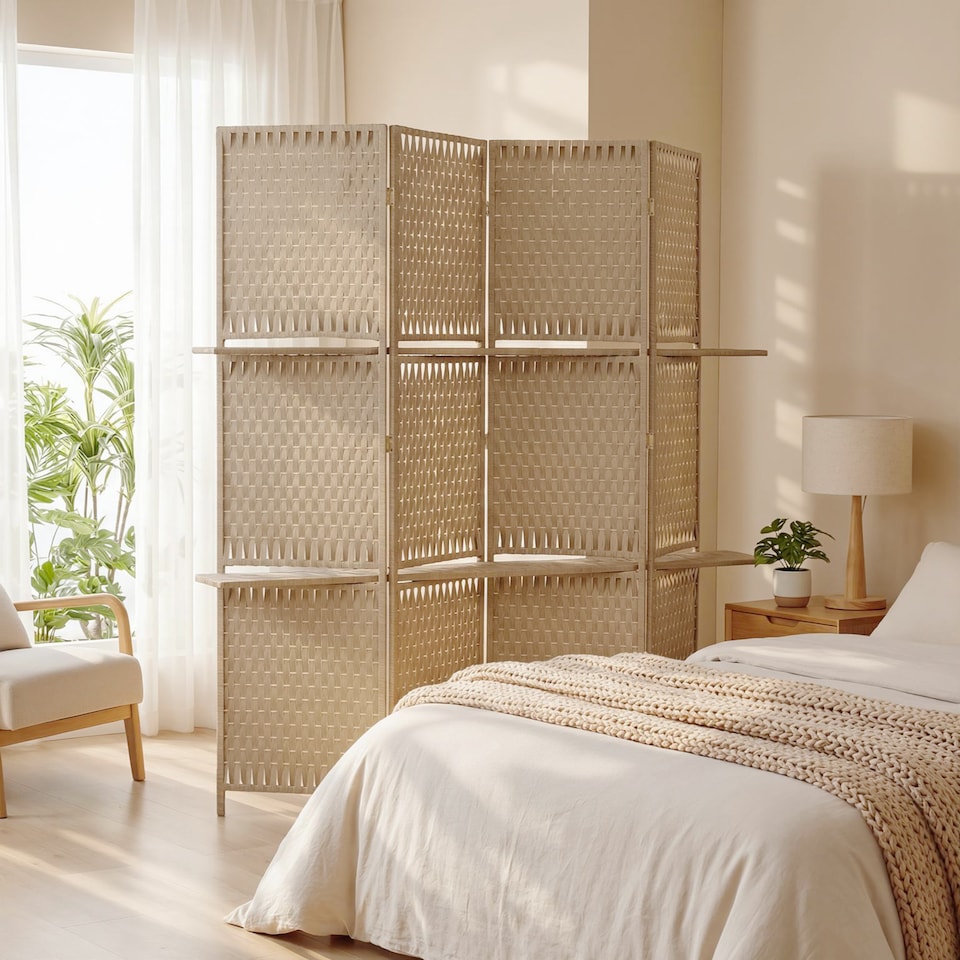 image 1 of HOMCOM 4-Panel Folding Room Divider with Shelves