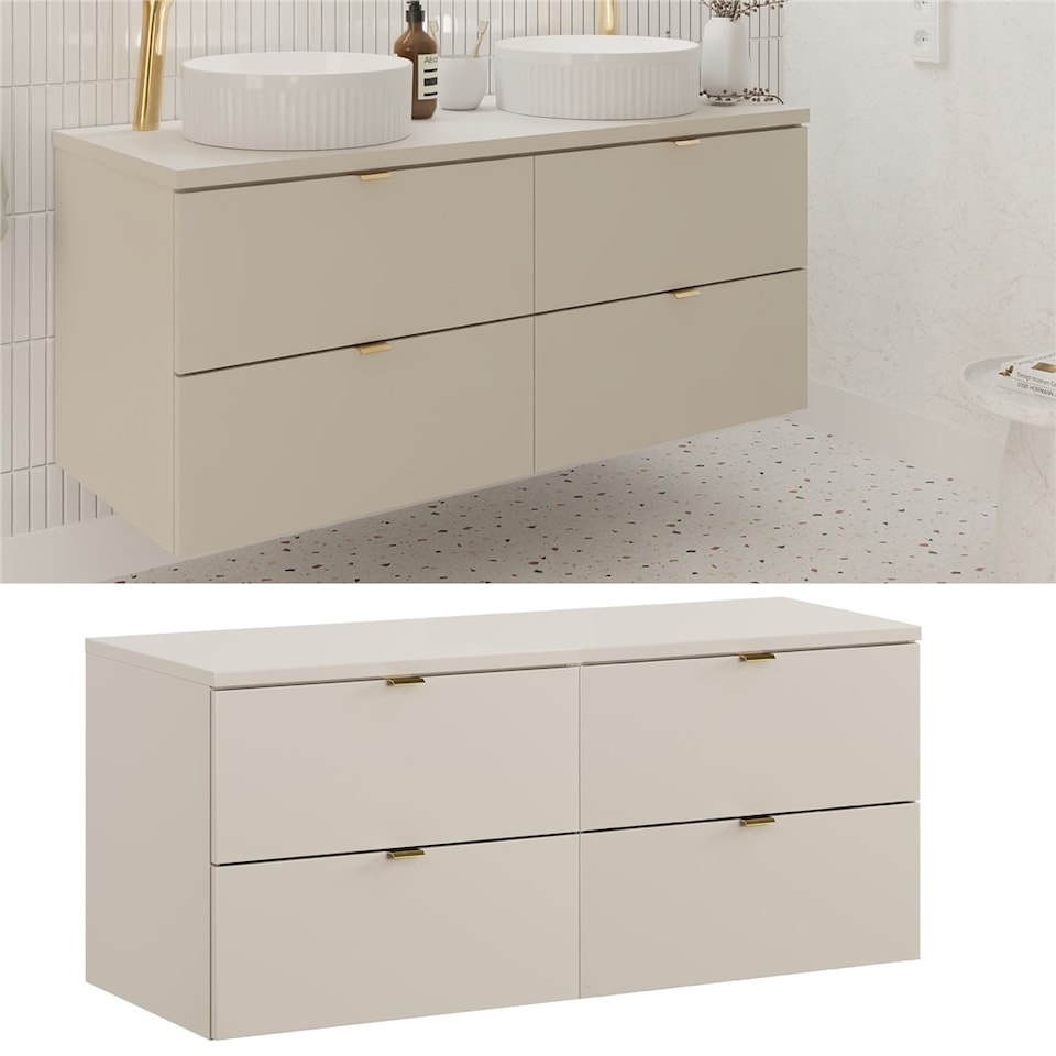 image 1 of Double Vanity Unit 1200mm Bathroom Wall Cabinet Countertop Floating 4 Drawer Cashmere Beige Storage with Worktop Dalia